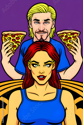 Cartoon of a man and woman and pizza.   AI-generated fictional illustration  