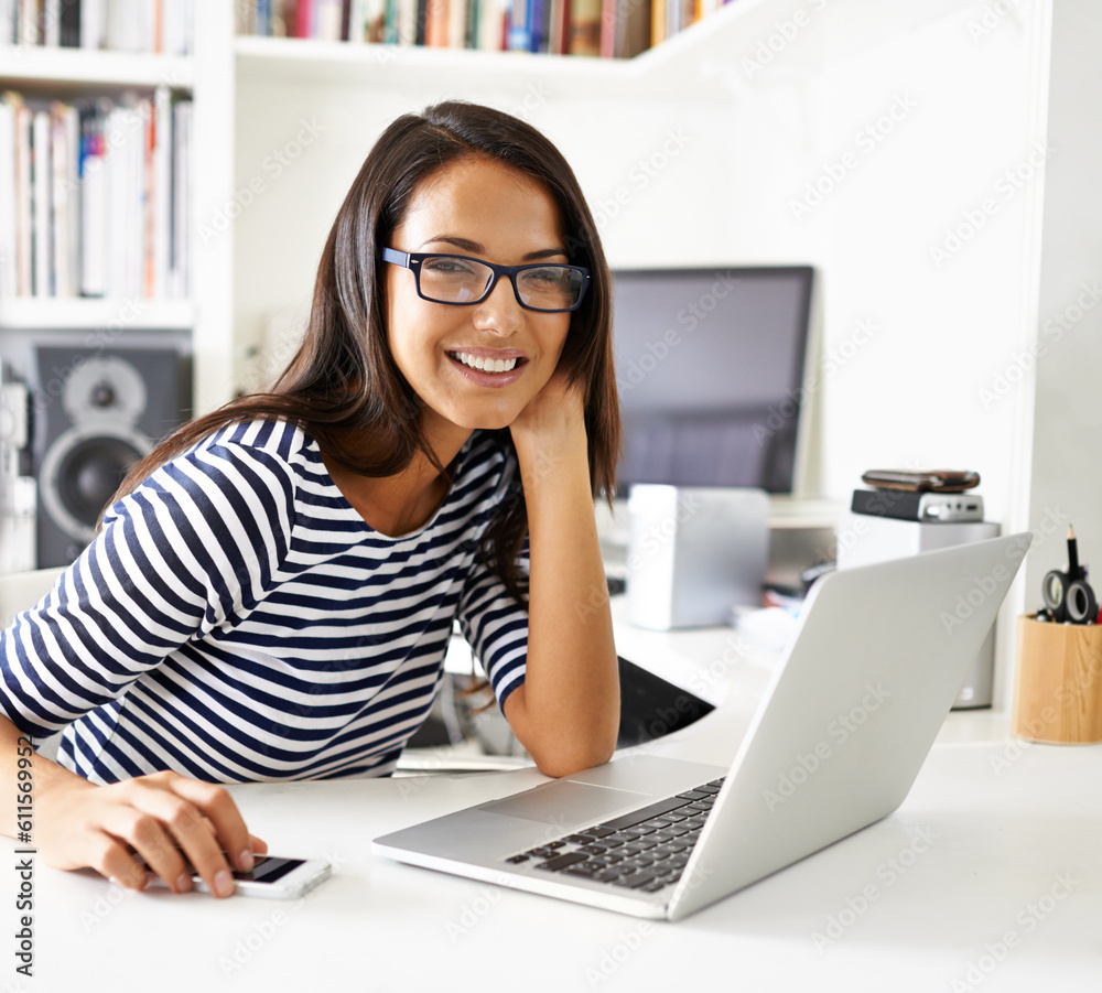 Woman, happy portrait and laptop of a student with a smile from learning at a home study desk. Young female person, computer and online work and technology in house with pc on website working Woman, happy portrait and laptop of a student with a smile from learning at a home study desk. Young female person, computer and online work and technology in house with pc on website working