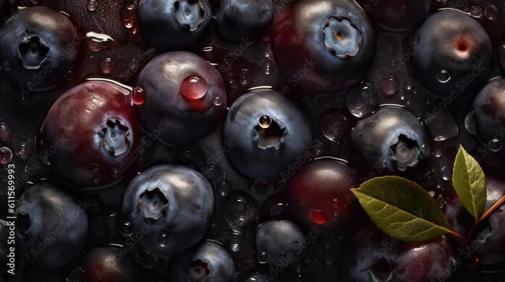 Fresh ripe bilberries with water drops background. Berries backdrop. Generative AI Fresh ripe bilberries with water drops background. Berries backdrop. Generative AI