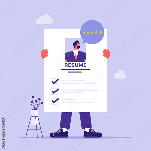 Qualified employee holds an excellent resume. Good portfolio for hiring. Confident businessman is specialist in search for highly qualified job, business profile to apply for new job concept