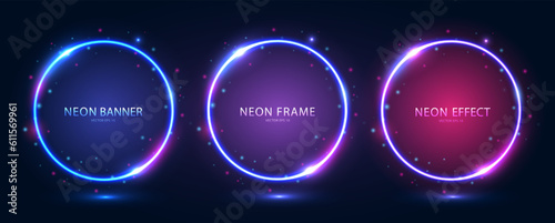 A set of round neon frames with shining effects and highlights on a dark blue background. Futuristic sci-fi modern neon glowing banners. Vector EPS 10.