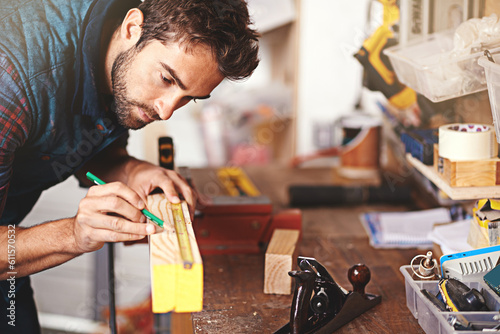 Photography Carpenter, wood and drawing with man in workshop for building, manufacturing and creative
