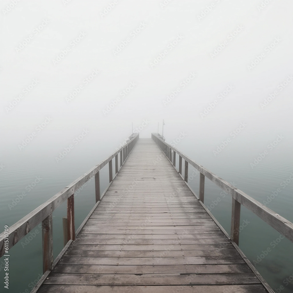 霧がかった湖の桟橋　Generative AI