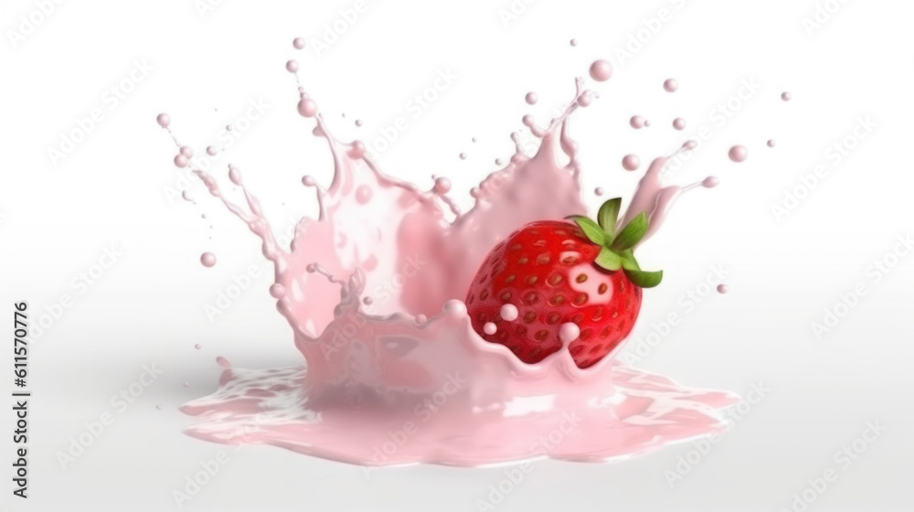 strawberry splash in milk white background. Generative ai strawberry splash in milk white background. Generative ai