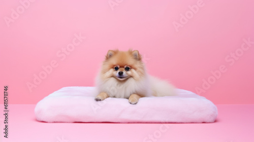 pomeranian puppy on pink background with Ai Generated