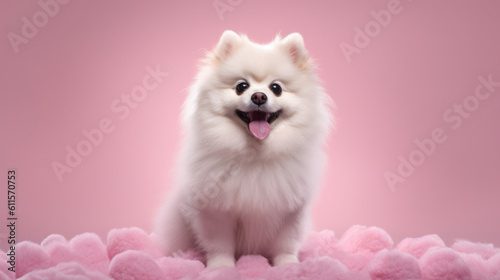 white pomeranian puppy on pink color background with Ai Generated