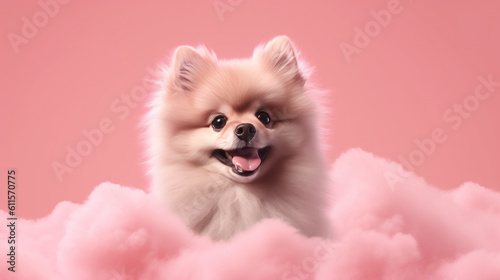 white pomeranian dog portrait on pink color background with Ai Generated