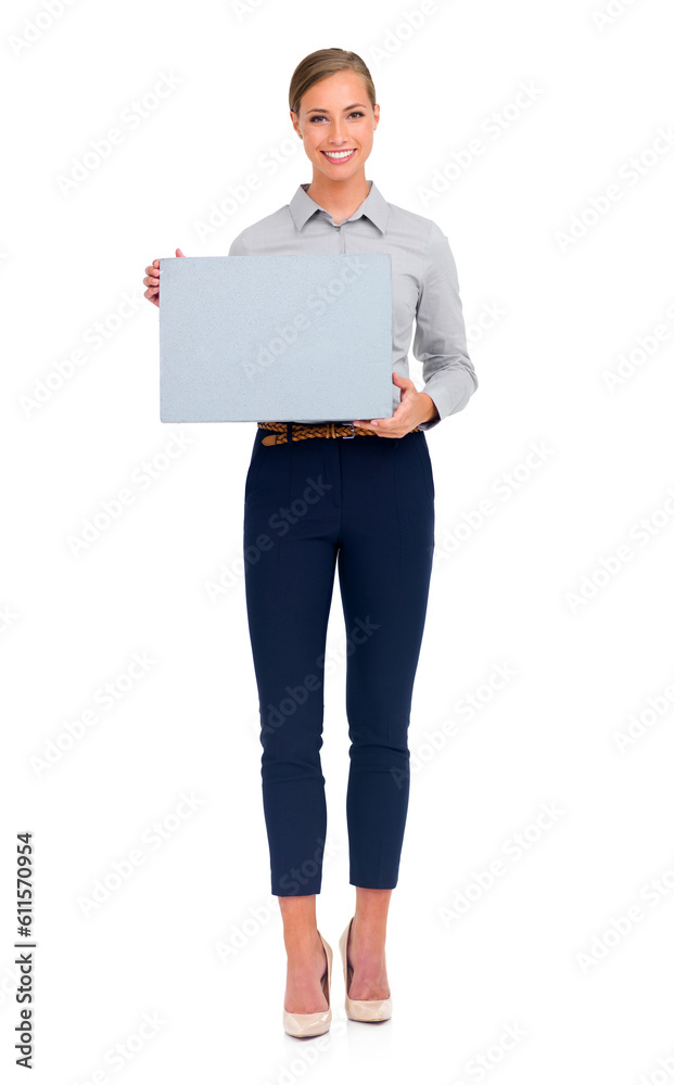 Business woman, portrait smile and poster for advertising or marketing against a white studio background. Isolated happy female person holding sign or billboard for advertisement with mockup space Business woman, portrait smile and poster for advertising or marketing against a white studio background. Isolated happy female person holding sign or billboard for advertisement with mockup space