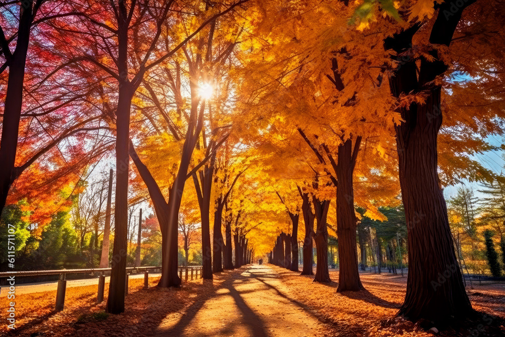 Autumn colore tree-lined road, Generative AI