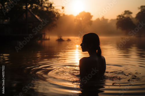 Silhouette of a woman bathing in a lake at beautiful sunrise  