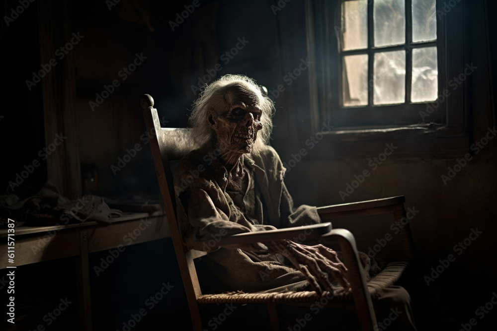 Creepy zombie sitting in old rocking chair on dim attic. Halloween concept. Generative ai - obrazy, fototapety, plakaty 