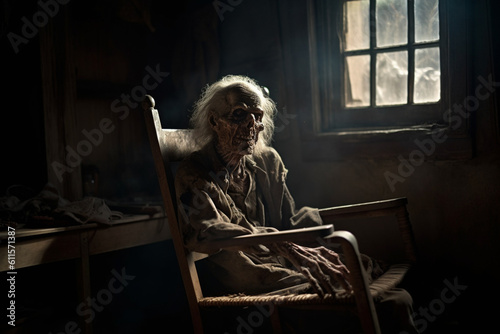 Creepy zombie sitting in old rocking chair on dim attic. Halloween concept. Generative ai photo