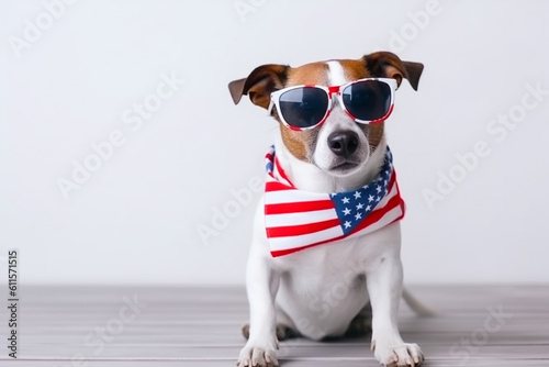 Happy jack russell terrier celebrating independence day 4th of july with usa flag. Generative ai. © erika8213