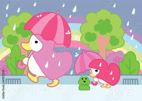 The duck walking in the raining day