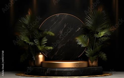 3D rendering black and gold style e-commerce booth, black and gold color indoor circular booth 3D rendering