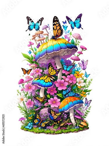butterfly, mushrooms, flowers 