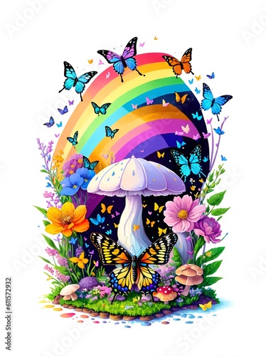 butterfly, mushrooms, flowers 