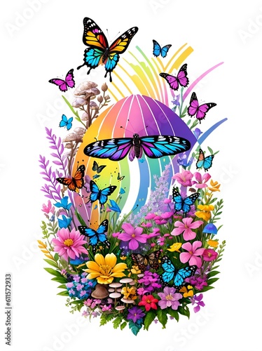 butterfly, mushrooms, flowers 
