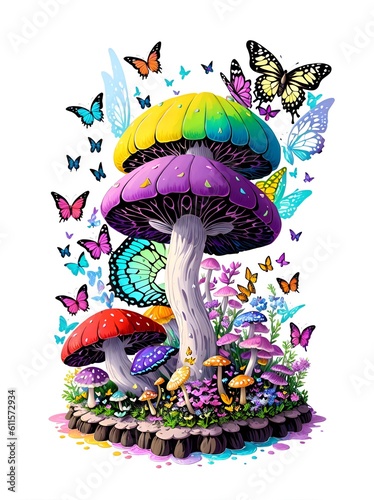 butterfly, mushrooms, flowers 