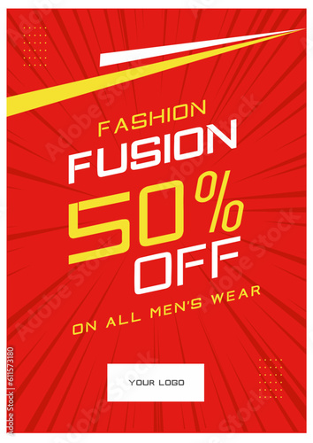 Fashion Fusion, Fashion Sale, Men's Wear, 50 percent Off Poster. Vector Design Template