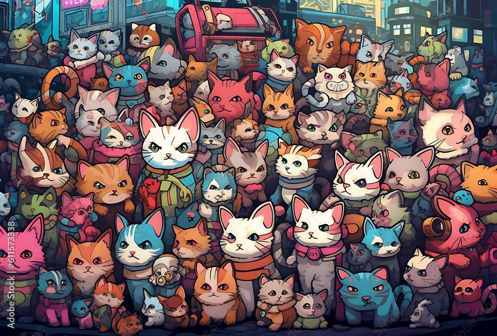 Gathering of colorful cats