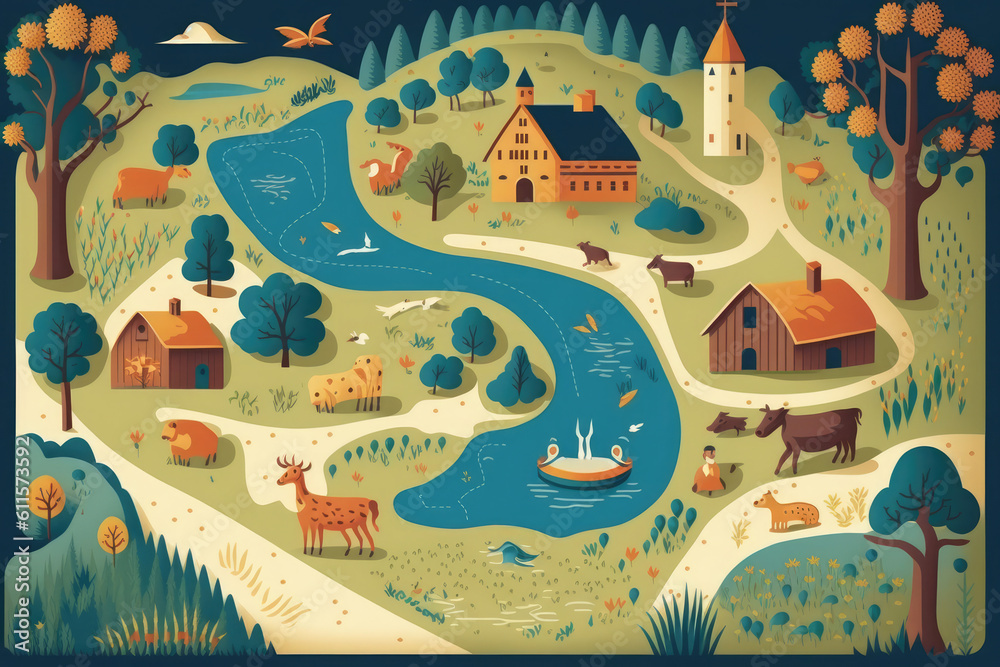 Cartoon Map Of An Urban Town Full Of Houses Generative AI Stock cartoon-map-of-an-urban-town-full-of-houses-generative-ai-stock