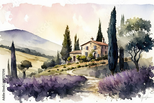 watercolor painting created by hand of a stunning Italian landscape, generative AI