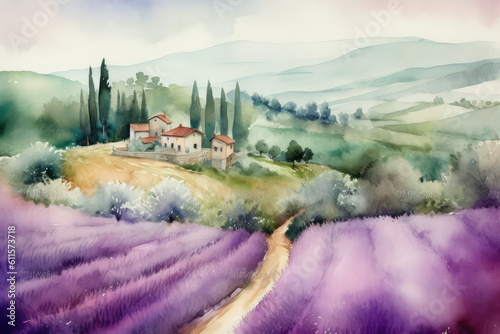 watercolor painting created by hand of a stunning Italian landscape, generative AI
