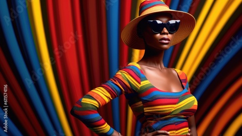 Young african female model posing with trendy fashion outfit and colorful vibrant orange optical art abstract background. Picturesque generative AI