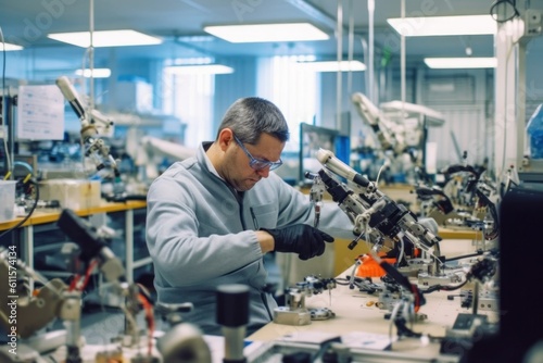 Precision work in high-tech laboratory. Technician focused on advanced equipment. Concept of industrial technology and scientific research. Generative AI