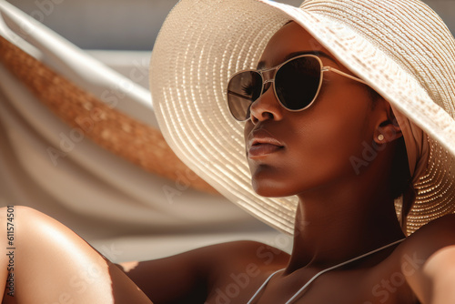 A beautiful black woman in a hat and sunglasses lies on a sun lounger by the pool. Photorealistic illustration generative AI.