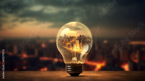 Concept of a bombed out city inside a light bulb, generated by artificial intelligence AI