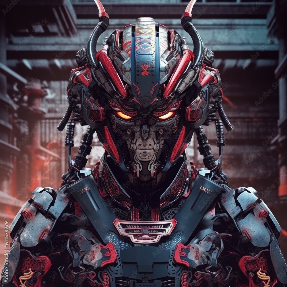 Illustrate the concept of artificial intelligence with a futuristic samurai robot and futuristic technology, showcasing the potential of AI in various industries generated AI