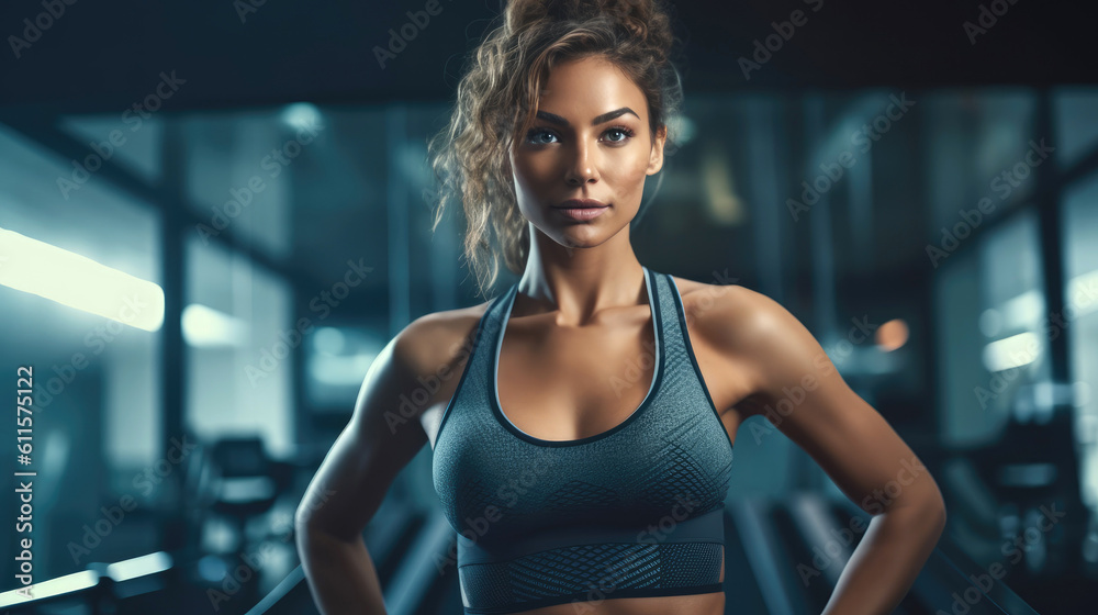 Beautiful woman confidently performing a sports activity in the gym. Generative AI