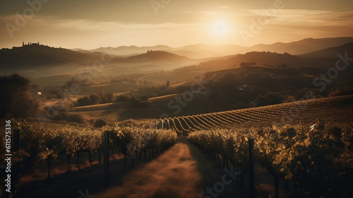 Sunset in a vineyard, rows of trees, mountains in the background - Generative AI