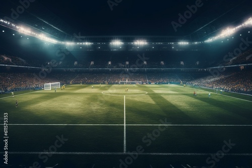 Fotografiet Illuminated sports arena, soccer pitch. Generative AI