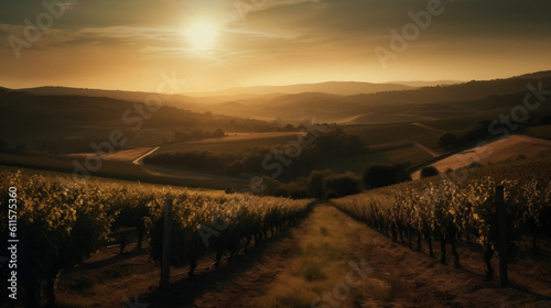 Sunset in a vineyard  rows of trees  mountains in the background - Generative AI