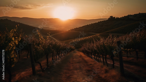 Sunset in a vineyard, rows of trees, mountains in the background - Generative AI