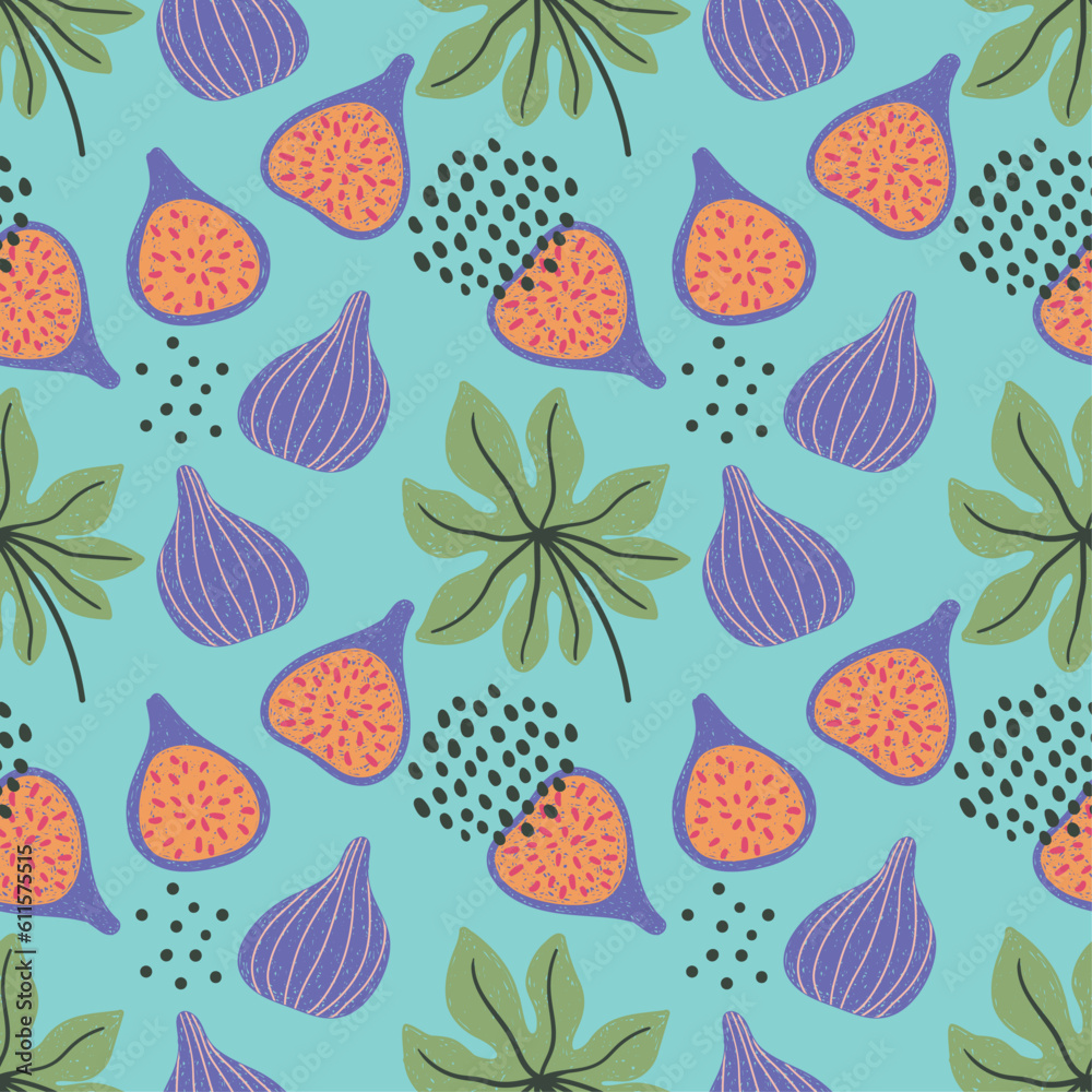 Vector abstract cute hand drawn illustration with fig fruits and leaves. The pattern is great for fabric, wallpaper, wrapping paper, postcard, layout.
