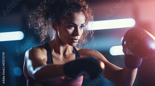 Beautiful woman confidently performing a sports activity in the gym. Generative AI