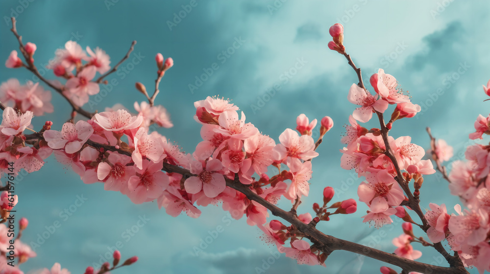a branch with pink flowers against a blue sky, generative ai a branch with pink flowers against a blue sky, generative ai