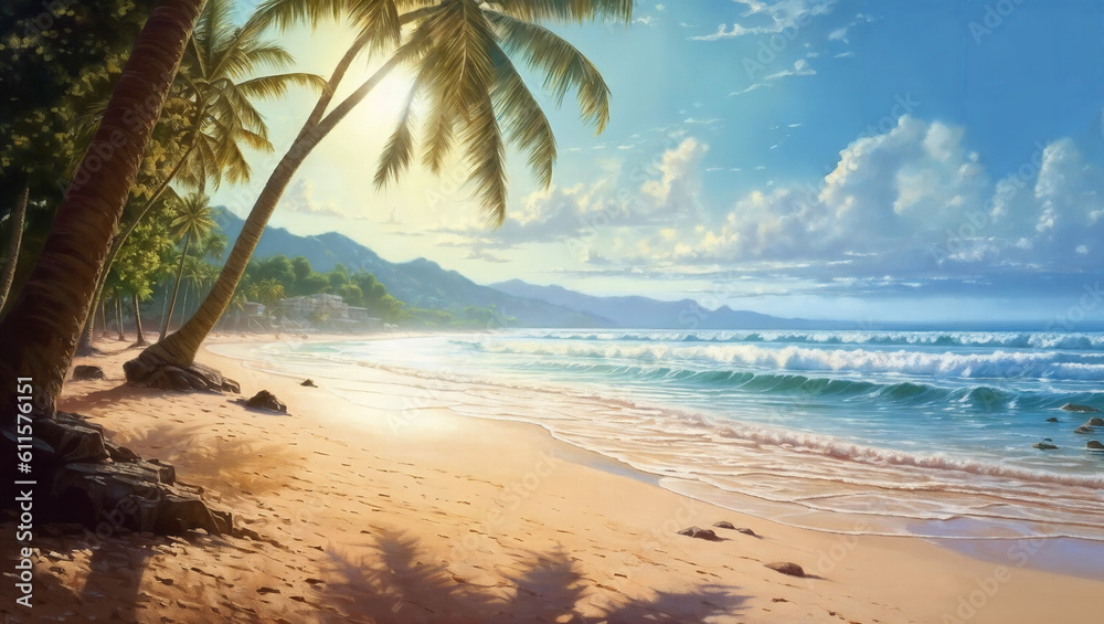 tropical beach with palm trees and waves, beautiful oil matte painting, generative ai