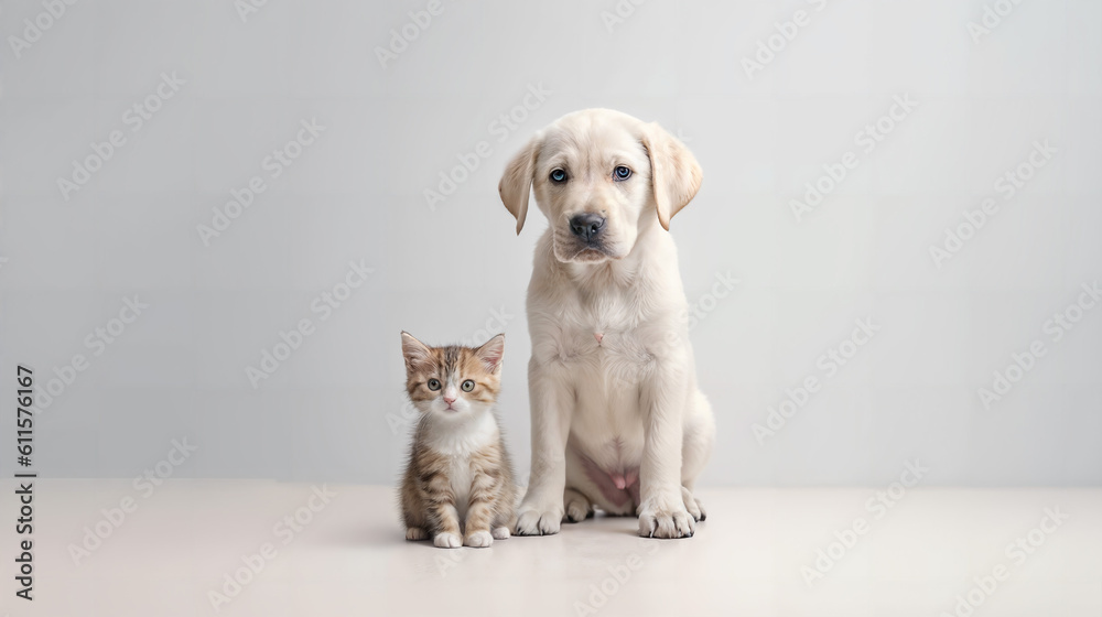 a kitten sits next to a dog on a light background, generative ai
