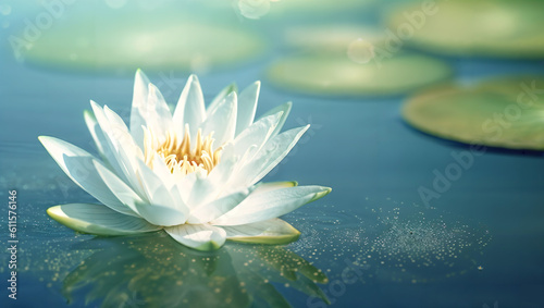 a white water lily floating on a pond, centered in image, desktop screenshot, on a canva, radiating power, aspect ratio 16:9, generative ai
