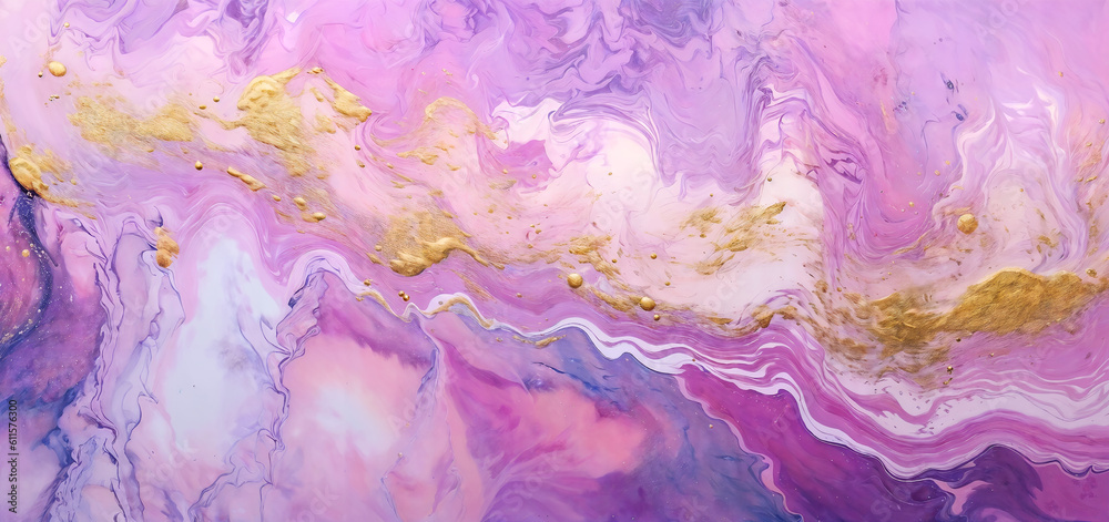 an abstract painting with gold and purple colors, flowing pink-colored silk, liquid marble fluid painting, rococo color scheme, generative ai