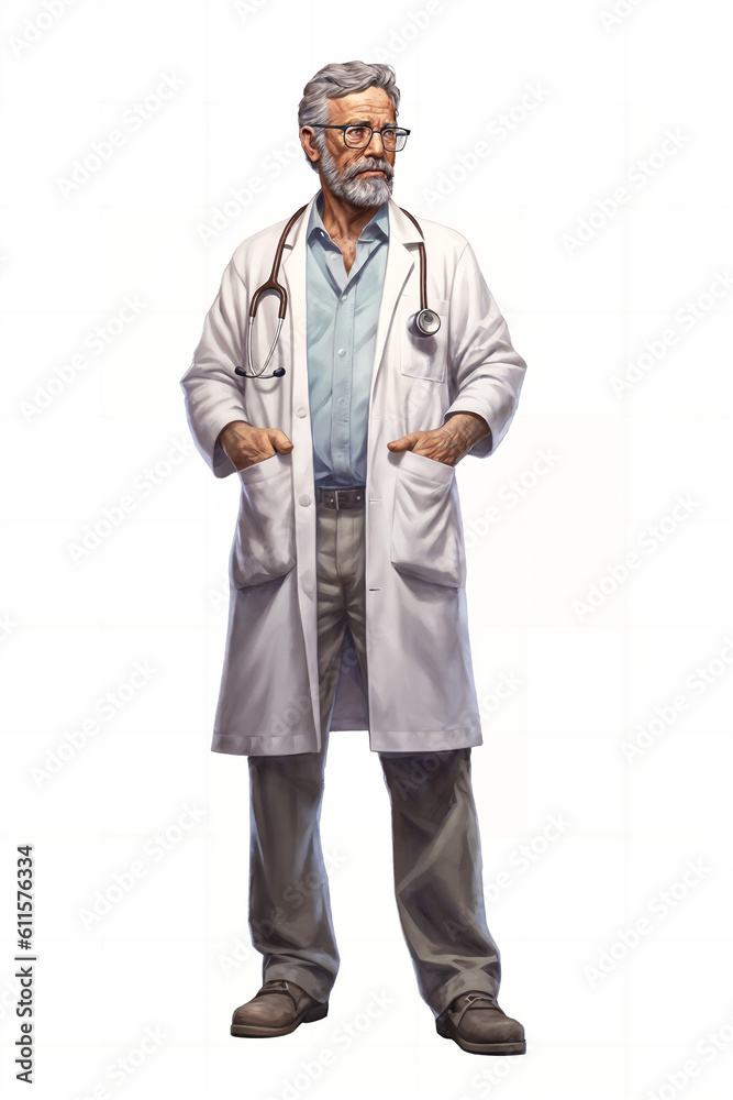 a drawing of a man in a lab coat, detailed game art illustration, he has a beard and graying hair, healthcare, tall farmer, healer, proper human male proportions, generative ai 