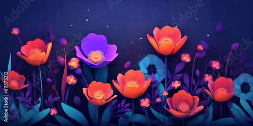 a bunch of flowers that are in the grass, art station trends, noir animation, teal orange color palette, bioluminescent surfaces, anemones, colored vibrantly, pretty flowers, generative ai