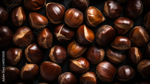 Top view on heap of chestnuts. Pile of ripe chestnuts for food background. Generative AI