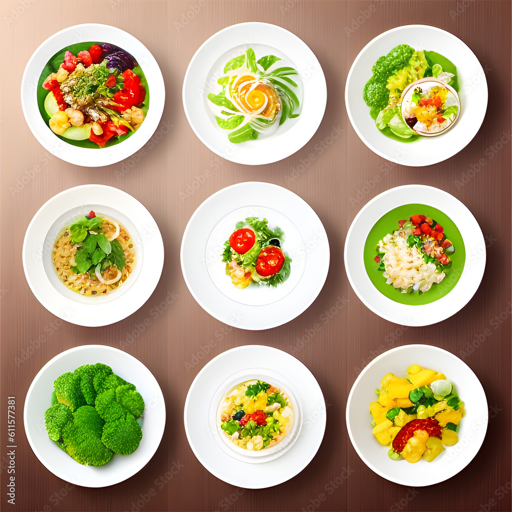 Collage of food in dishes. Set of different plates with food. Variety of food, vegetables, chicken, top view. Dinner options in plates. generative AI