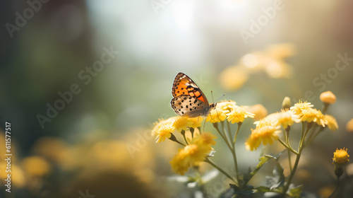 Beautiful Butterfly flying on to Spring Flower with Blurred Background Banner Concept. Summer Natural Landscape with Copy Space. Generative AI